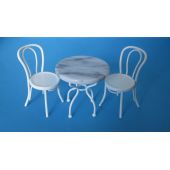 Tisch und 2 Stühle weiss Metall Bistro Set Puppenhaus Miniatur 1:12