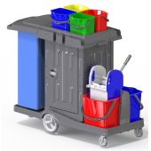 CleanSV® Reinigungswagen PE Kassel Secure, mit abschließbarem Schrank, Müllsackhalter, 2 x 18 L Eimer, 4 x 5 L