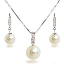 Perlen Schmuckset Ohrhänger und Halskette mit Anhänger 925 Silber rhodiniert