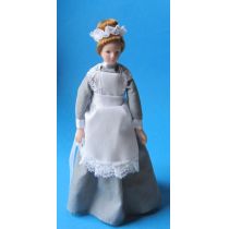 Dienstmädchen Magd im grauen Kleid für Puppenhaus Miniaturen 1:12
