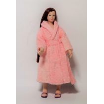 Frau im rosa Bademantel Puppe für Puppenhaus Miniatur 1:12