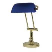 **Schreibtisch/Bankierlampe Messingfuß mit Kniegelenk- blauer Glasschirm-schwenkbar
