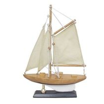 Kleine Yacht, Segelschiff, Schiffsmodell Segler aus Holz mit Leinensegeln