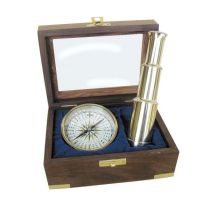 **Set- Teleskop und Kompass inclusive Holzbox mit Glasdeckel