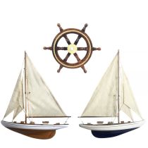 Schiffsmodelle 2 Stück Segelyacht und Steuerrad mit Taueinlage 45 cm