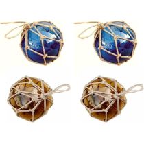 4 Fischerkugeln im Netz- ambere/braun und blau 12,5 cm