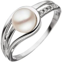Damen Ring 585 Weißgold 1 Perle 5 Diamanten