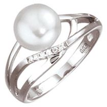 Damen Ring aus 585 Weißgold 1 Perle 6 Diamanten