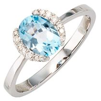 Damen Ring 585 Weißgold 1 Blautopas blau, 14 Diamanten