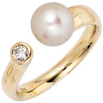 Damen Ring 585 Gold Gelbgold 1 Perle 1 Diamant Brillant