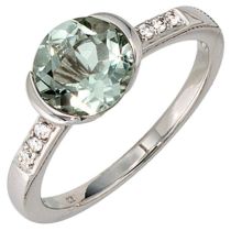 Damen Ring 585 Weißgold 6 Diamanten 1 Amethyst grün