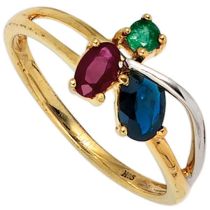 Damen Ring 585 Gelbgold Rubin 1 Safir 1 Smaragd Goldring
