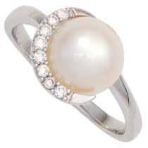 Damen Ring 585 Weißgold mit 1 Perle 8 Diamanten