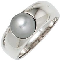 Damen Ring 925 Sterling Silber rhodiniert 1 graue Perle