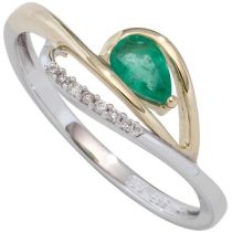 Damen Ring 585 Weißgold Gelbgold bicolor Smaragd grün 7 Diamanten