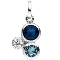 Anhänger 925 Sterling Silber mit 3 Zirkonia blau und weiß