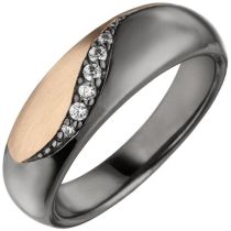 Damen Ring 925 Sterling Silber schwarz und ros©gold bicolor 6 Zirkonia