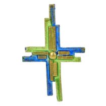Wachsdekor, Kreuz bemalt grün, blau, gold, 110 x 63 mm, 1 Stk., blau grün gold