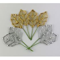 4 Stück Deko-Blätter am Draht 5,8cm x 10,5cm gold oder silber