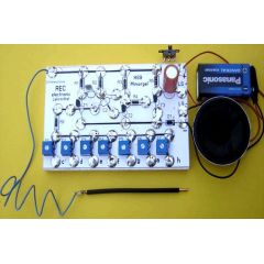 REC electronic Miniorgel Bausatz mit Lautsprecher auf Holzbrett