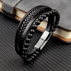 MingAo Fine Stainless Steel Jewelry Multi-Layered Men's Black Leather Beaded Bracelet High Quality Magnet