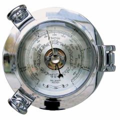 Wetterstation mit Uhr in Bullaugenform aus massiv Messing, verchromt - Durchmesser 14 cm