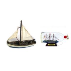 Schiffsmodell-Segelboot-Holz,Stoff 16 cm + Buddelschiff Rickmers L 16 cm