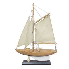 Kleine Yacht, Segelschiff, Schiffsmodell Segler aus Holz mit Leinensegeln