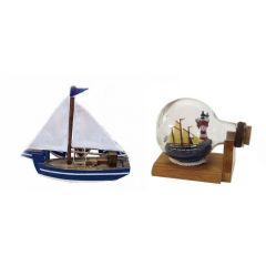 Kleiner Segler-Boot-Holzrumpf/Stoffsegel 10 cm+ Buddelschiff +Leuchtturm 10,5cm