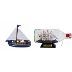 2er Set Schiffsmodell+Flaschenschiff Detailliert aus Holz gefertigtes Schiffsmodell. Fischerkutter