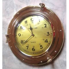 Uhr in Bullaugenform- Messing, Durchmesser 28,5 cm