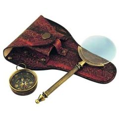 Leselupe, Vergrößerungsglas - Lupe aus Messing, antik+ Kompass