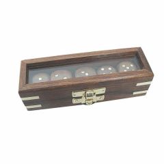 **Würfelbox mit Glasdeckel mit 5 Würfeln aus Holz+Messingintarsien- Messingnummern