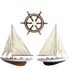2X Schiffsmodelle Segelyacht und Steuerrad mit Taueinlage 30 cm