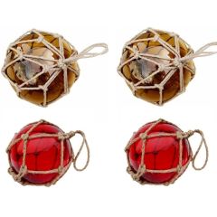 4er Set Fischerkugeln im Netz- ambere/braun und rot 17,5 cm