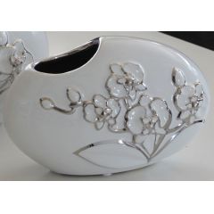 GILDE Deko Vase weiß mit silberner Blumenmusterung, 8 x 20 x 13 cm
