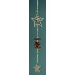 Girlande Sterne mit Zapfen Natur braun weiß gewischt, aus Holz, 30 cm