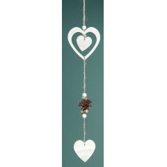 Girlande Herzen mit Zapfen natur braun weiß gewischt, aus Holz, 30 cm