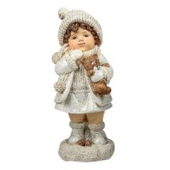 Winterkind Dekofigur Mädchen mit Teddybär creme weiß gold stehend 20 cm