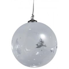 weiße LED-Glas-Kugel mit klarem Rentier-Tannenbaum-Dekor 12 cm
