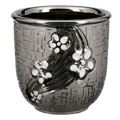 Keramik-Übertopf mit Blumendekor 13 Ø schwarz silber 13 x 13 cm