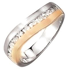 Damen Ring 585 Weißgold Gelbgold bicolor matt 11 Diamanten