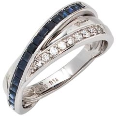 Damen Ring 585 Weißgold 9 Diamanten 0,14ct. 16 Safire blau