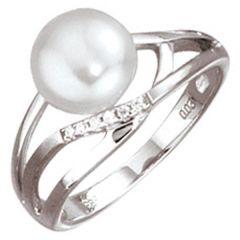 Damen Ring aus 585 Weißgold 1 Perle 6 Diamanten