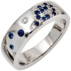 Damen Ring Weißgold Diamanten 0,10ct. 15 Safire blau