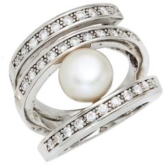 Damen Ring breit 925 Silber rhodiniert mit 1 Perle 31 Zirkonia