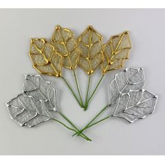 4 Stück Deko-Blätter am Draht 5,8cm x 10,5cm gold oder silber