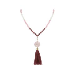 Gemshine - Mala Halskette - Anhänger - Vergoldet - Edelstein - Rose - Beige - 80cm
