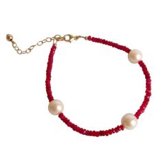 Gemshine - Damen - Armband - Vergoldet - Rubin - Rot - Perle - Weiß