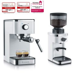 Graef Set weiß Siebträger Espresso Maschine & elektrische Kaffee Mühle Kegelmahlwerk